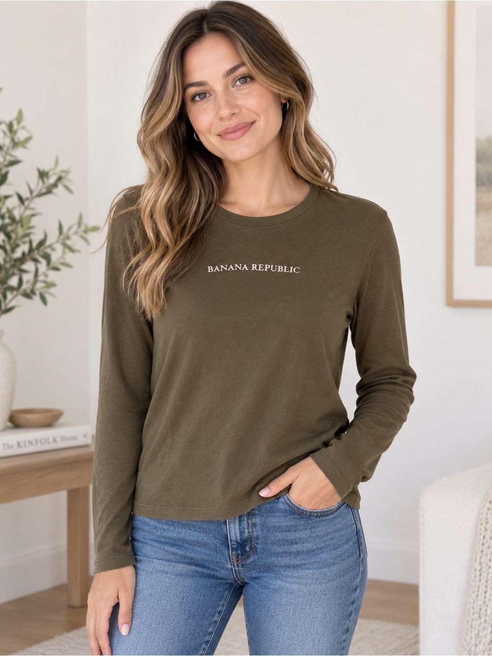 Banana Republic Olive Green Long Sleeve Logo Shirt Size M Y2K Minimalist